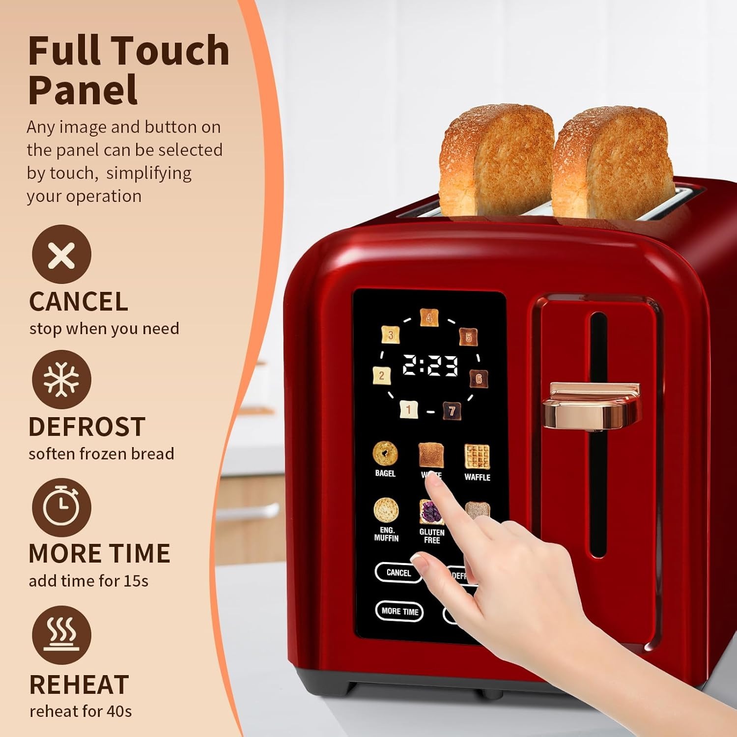 Toaster 2 Slice, Touch Control Stainless Toaster LCD Display, 50% Faster Heating Speed, 1.4'' Wide Slots, More Timer Functions, Removable Crumb Tray, 1350W, Dark Metallic