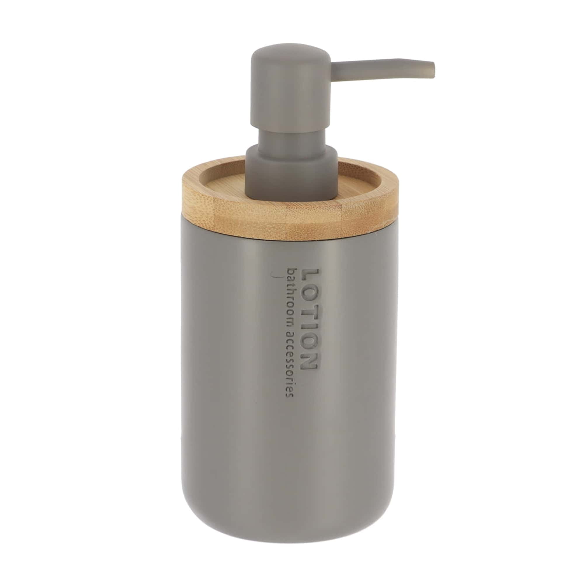 Modern Matte Gray Soap Dispenser with Natural Bamboo Accent - Polyresin Hand Lotion Pump, Contemporary Bathroom Accessory