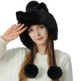 thumbnail image 2 of Womens Plush And Thick Knit Hat Cute Cat Ears Three Hair Ball Fashion Wool Hat Warm Hat Bomber Hats Black, 2 of 4