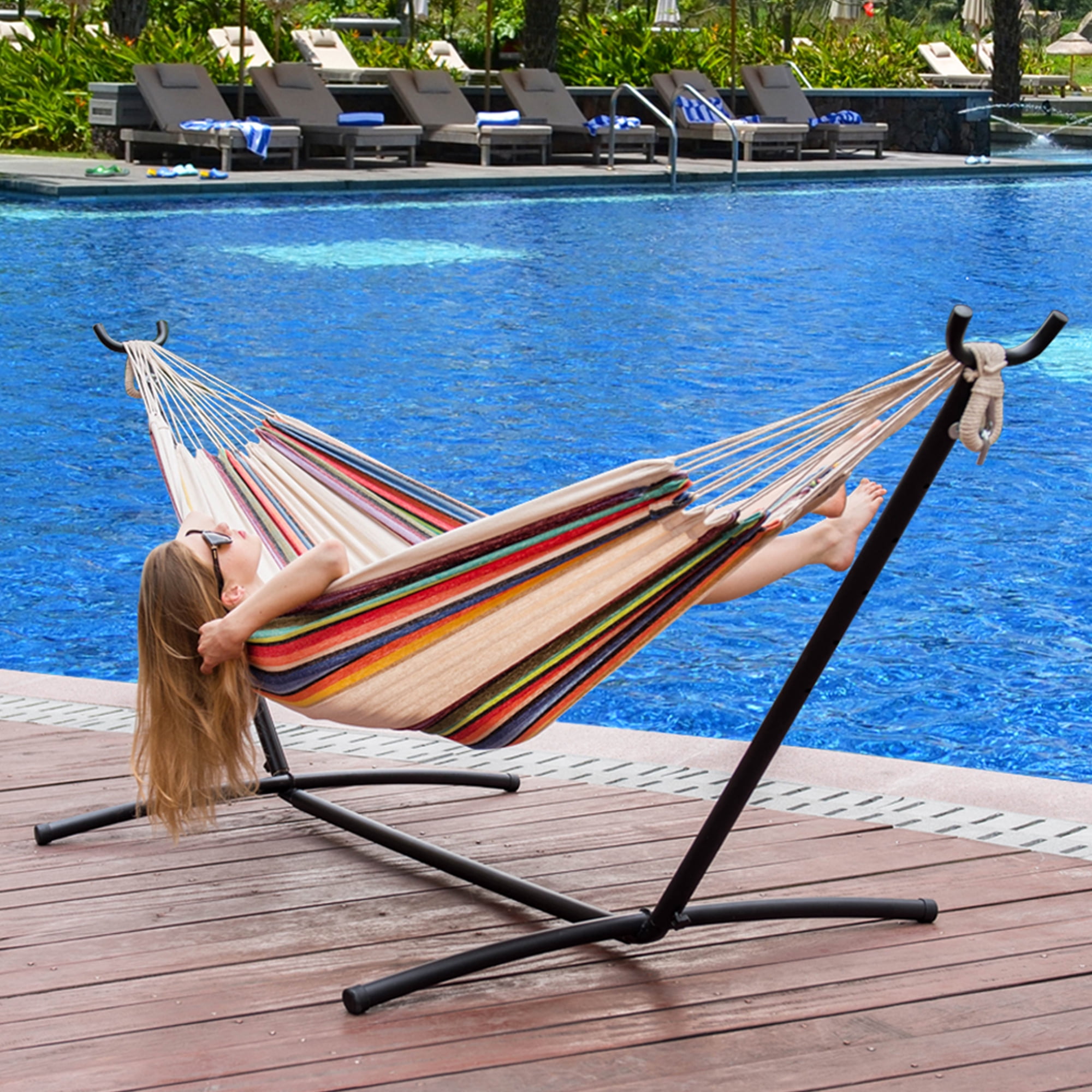 Prime Garden Double Cotton Hammock with Steel Stand,Multi Color Stripe