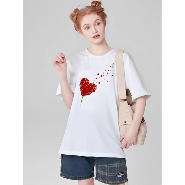 Women's Heart Printed Short Sleeve T-Shirt Graphic Tees Women Tops