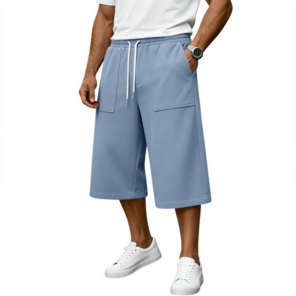 longantii Men's Capri Pant Baggy Below Knee Summer Casual Wide Leg Loose Drawstring 3/4 Pant with Pockets Sky Blue M