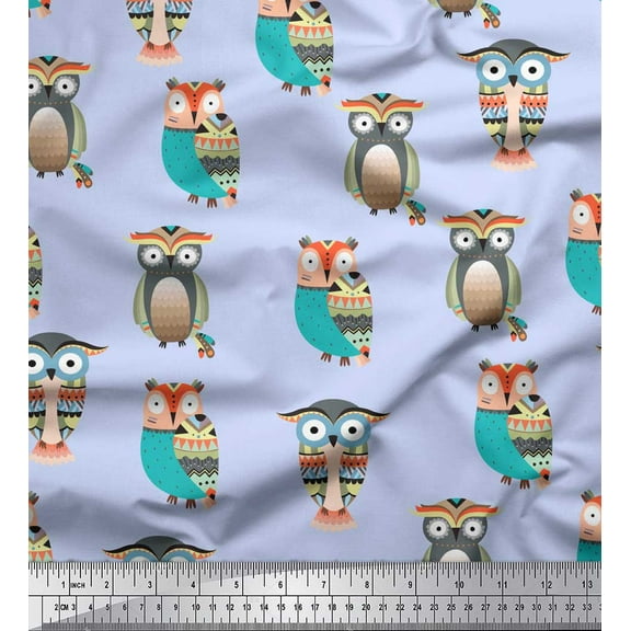 Soimoi Blue Cotton Voile Fabric Owl Tribal Printed Fabric 1 Yard 42 Inch Wide
