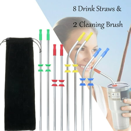 Stainless Steel Oval Silencer - 8 Stainless Steel Straight & Curved Straws with 2 Cleaning Brushes + 4 Colors Silicone Silencers Kit - Fits for Ozark Trail, Yeti and RTIC 30 oz. Tumbler, 8ct