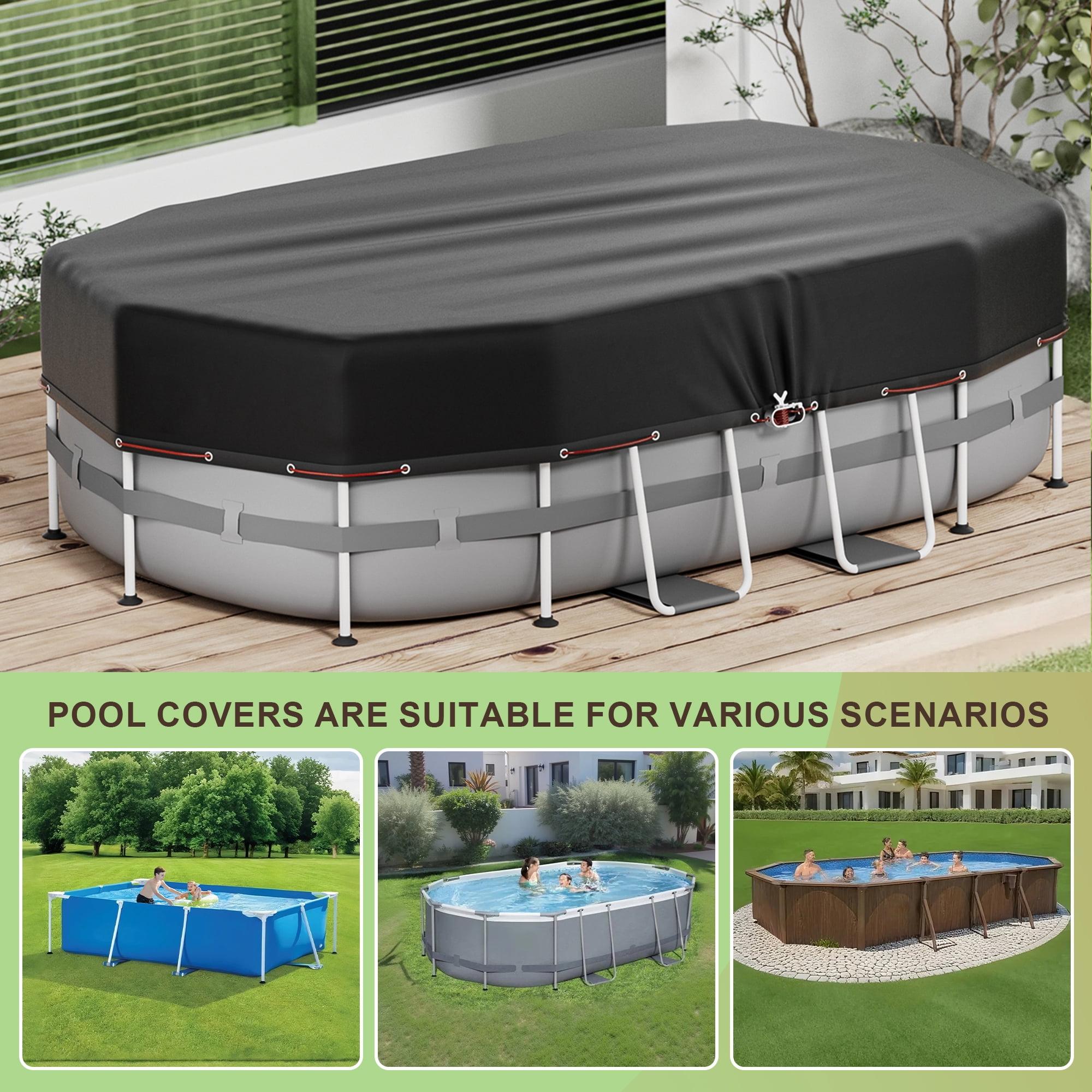 COSYUMI Oval Pool Cover 12 x 24FT, Heavy Duty Oxford Solar Pool Covers for Above Ground Pool with Winch and Cable, All Season Inflatable Pool Cover for UV Resistant, Waterproof, Snowproof Windproof