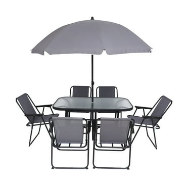 8-Piece Outdoor Patio Dining Set with Umbrella, Garden Outdoor Furniture Table Set, Glass Table and 6 Folding Chairs
