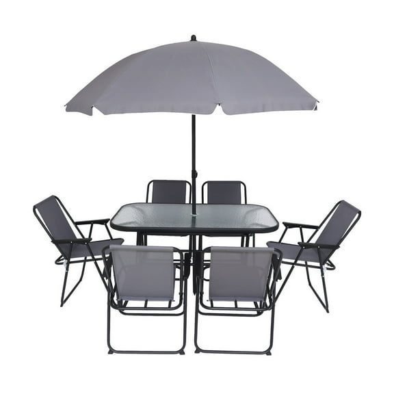 8-Piece Outdoor Patio Dining Set with Umbrella, Garden Outdoor Furniture Table Set, Glass Table and 6 Folding Chairs