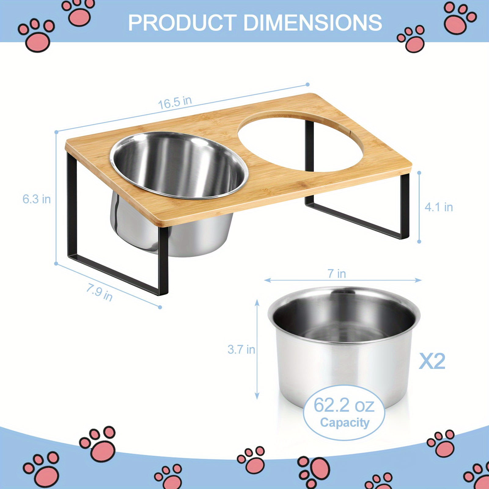 Bamboo Raised Dog Bowls 2 Pack with 10° Tilt, Elevated Pet Feeder Stand with 62.2oz Stainless Steel Bowls for Medium & Large Dogs or Cats