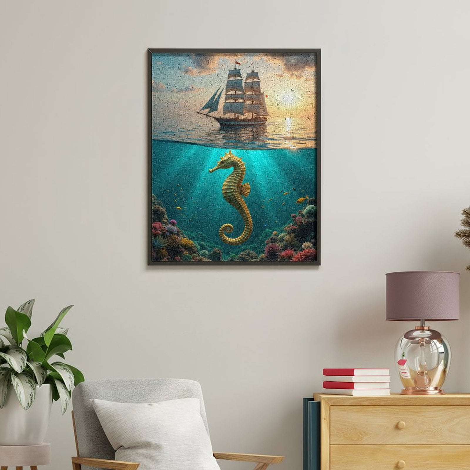 Paint By Numbers Kit for Adults Beginner - DIY Sailing Ship Seahorse Ocean Sunset Canvas Painting Kits for Adults, Frameless Paint By Number for Adults for Home Wall Decor 16x20 Inch