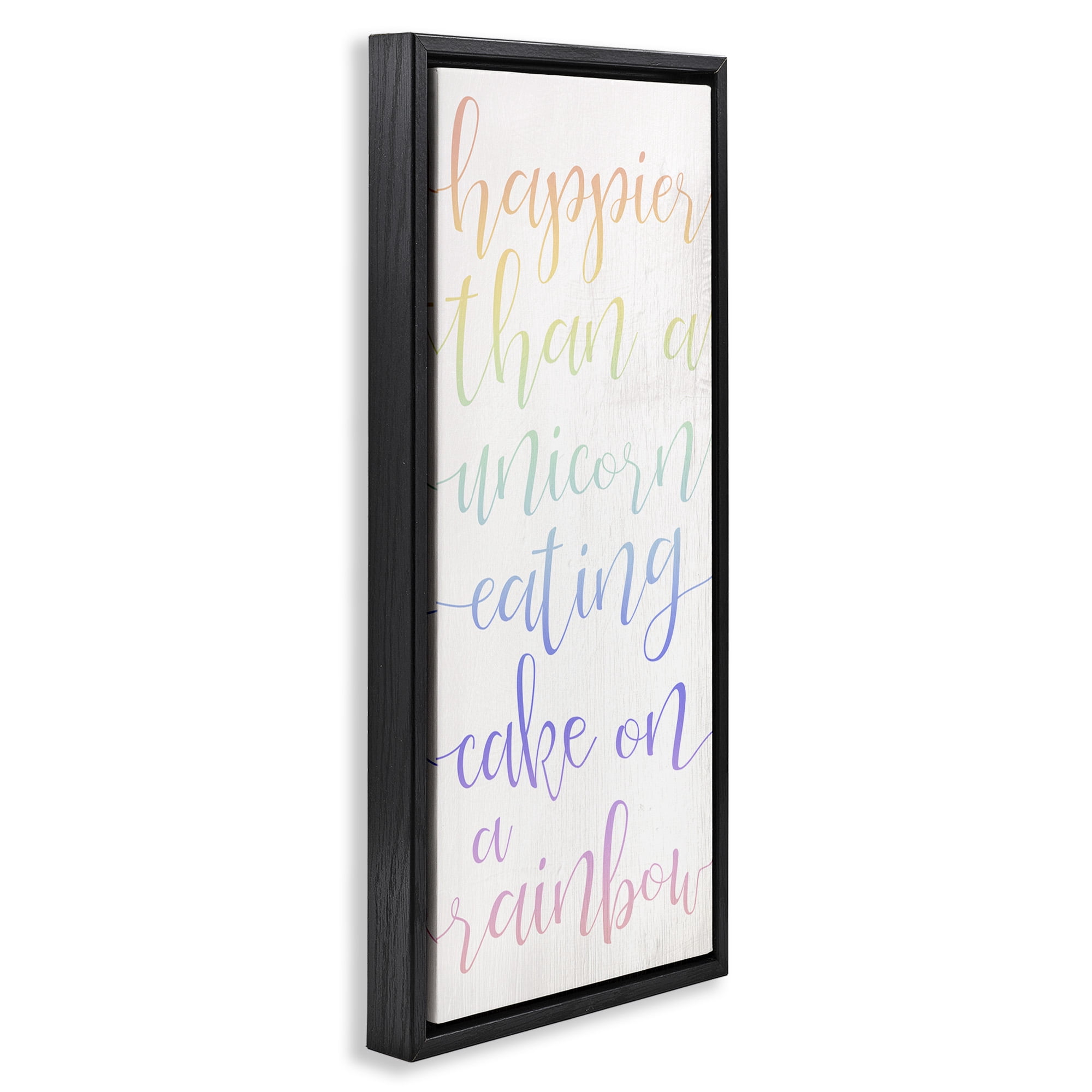 Stupell Industries Happier Than Unicorn Humor Typography Painting Black Floater Framed Canvas Art Print Wall Art, 11 x 25