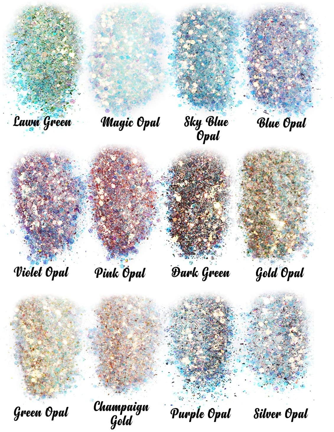 Opal Chunky Glitter for Resin, 12 * 10g Craft Glitter Powder for Tumblers/Slime, Iridescent Chameleon Glitter Sequins Festival Decor(Each 0.35oz)