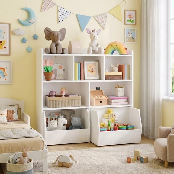 Toy Storage Cabinet, Kids Bookshelf with Movable Drawers and Open Shelves, Kids Bookcase Organizer for Playroom Nursery Kindergarten, White