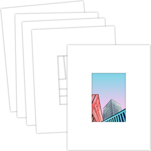 11x14 White Picture Mats 5 Pack, Acid Free Bevel Cut 4-Ply Mat Boards for 5x7 Photos Artworks, Precut Framing Supplies, White Core