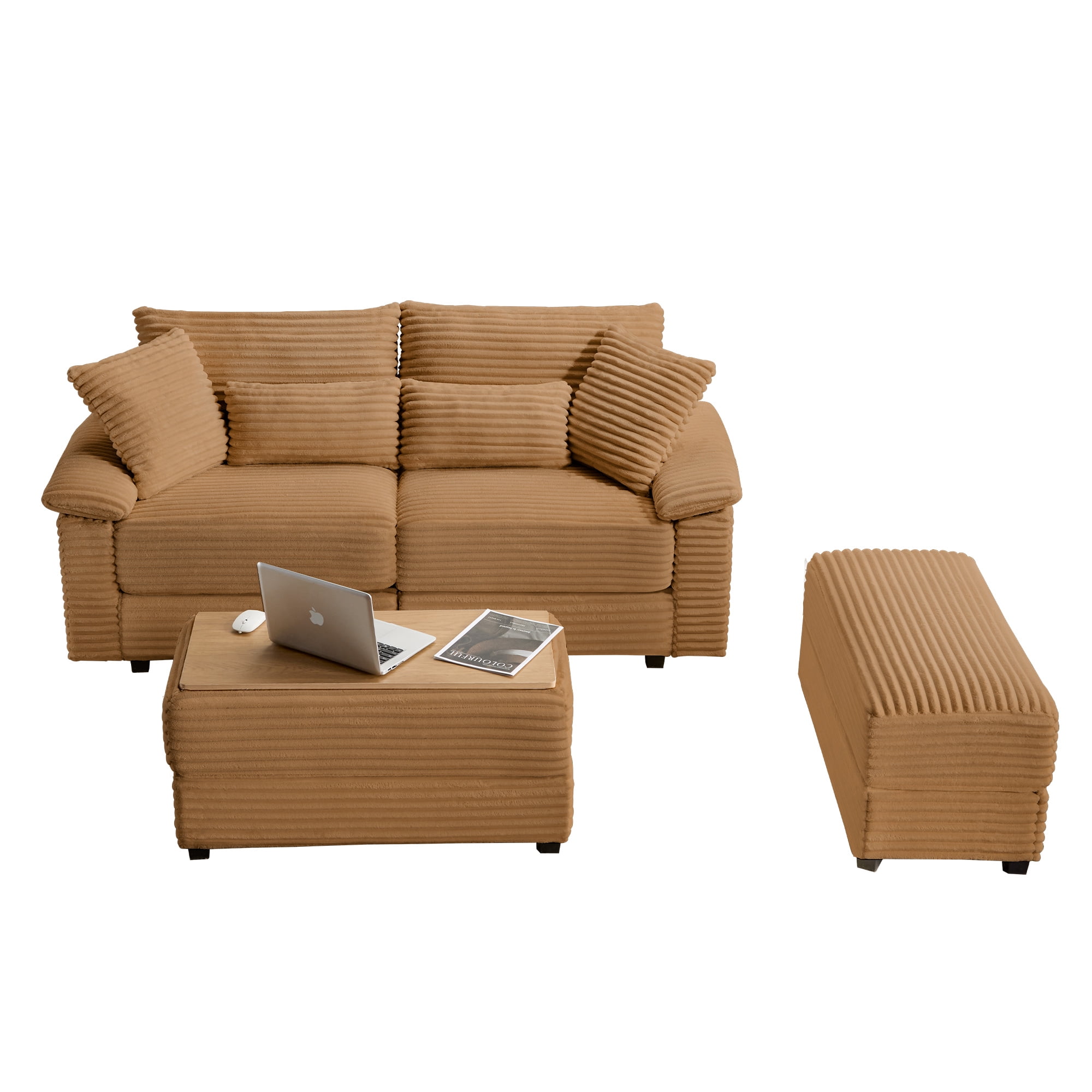 Alvantor 74" Sofa Loveseat with Reversible Ottoman & USB Port Corduroy Chaise Couch for Living Room Brown