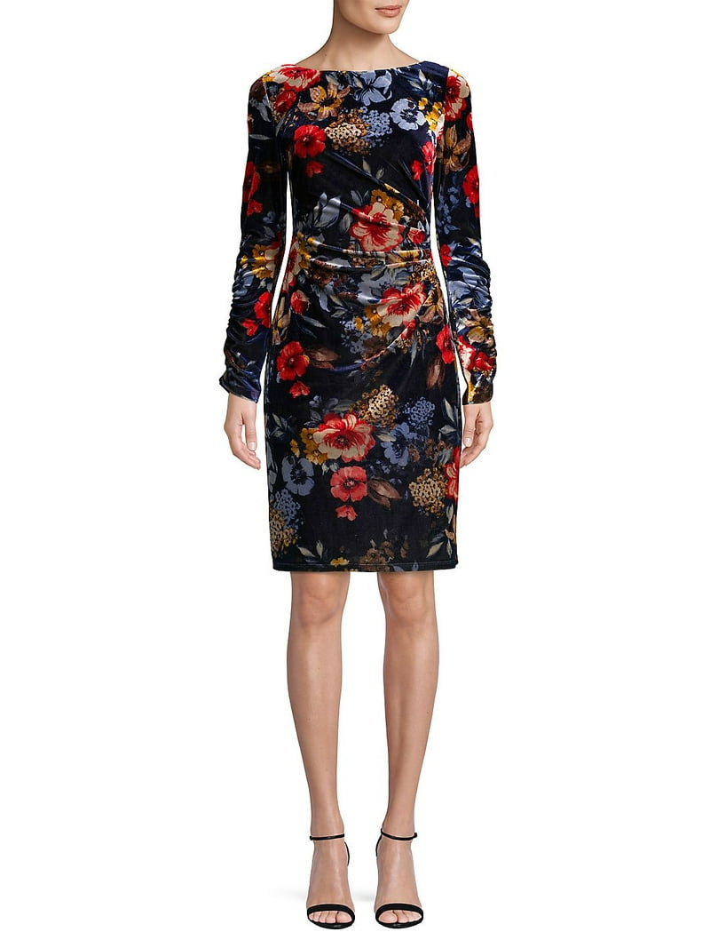 Vince Camuto Women's Floral-Print Velvet Bodycon Dress (14, Navy