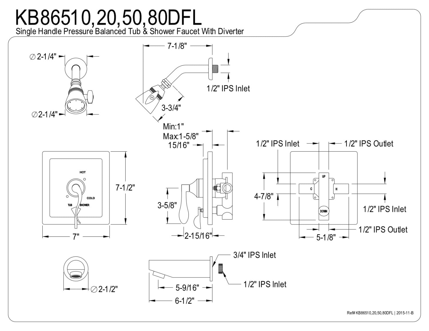 Kingston Brass KB86520DFL Tub and Shower Faucet, Polished Brass