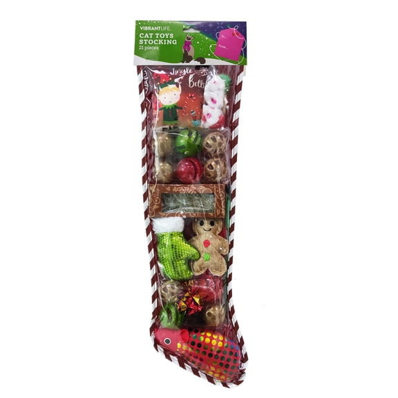 Vibrant Life Holiday Cat Toys Stocking Gift Set, Green, 21 Pcs, Mice, Balls, and Other Fun Cat Toys