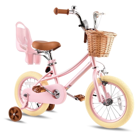 RULLY 12 Inch Girls Bike for Ages 2-4, Kids Bicycle with Training Wheels, Basket & Doll Seat, Pearl Pink Retro Cruiser Bike with Coaster Brake
