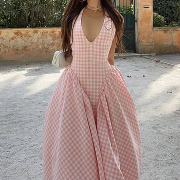 Pink Gingham Halter Neck Flared Maxi Dress