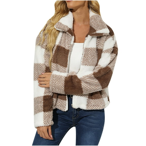 Women's Lapel Zipper Coats Plaid Fuzzy Fleece Shaggy Plus Size Jackets Faux Shearling Warm Winter Plush Outwear Jacket