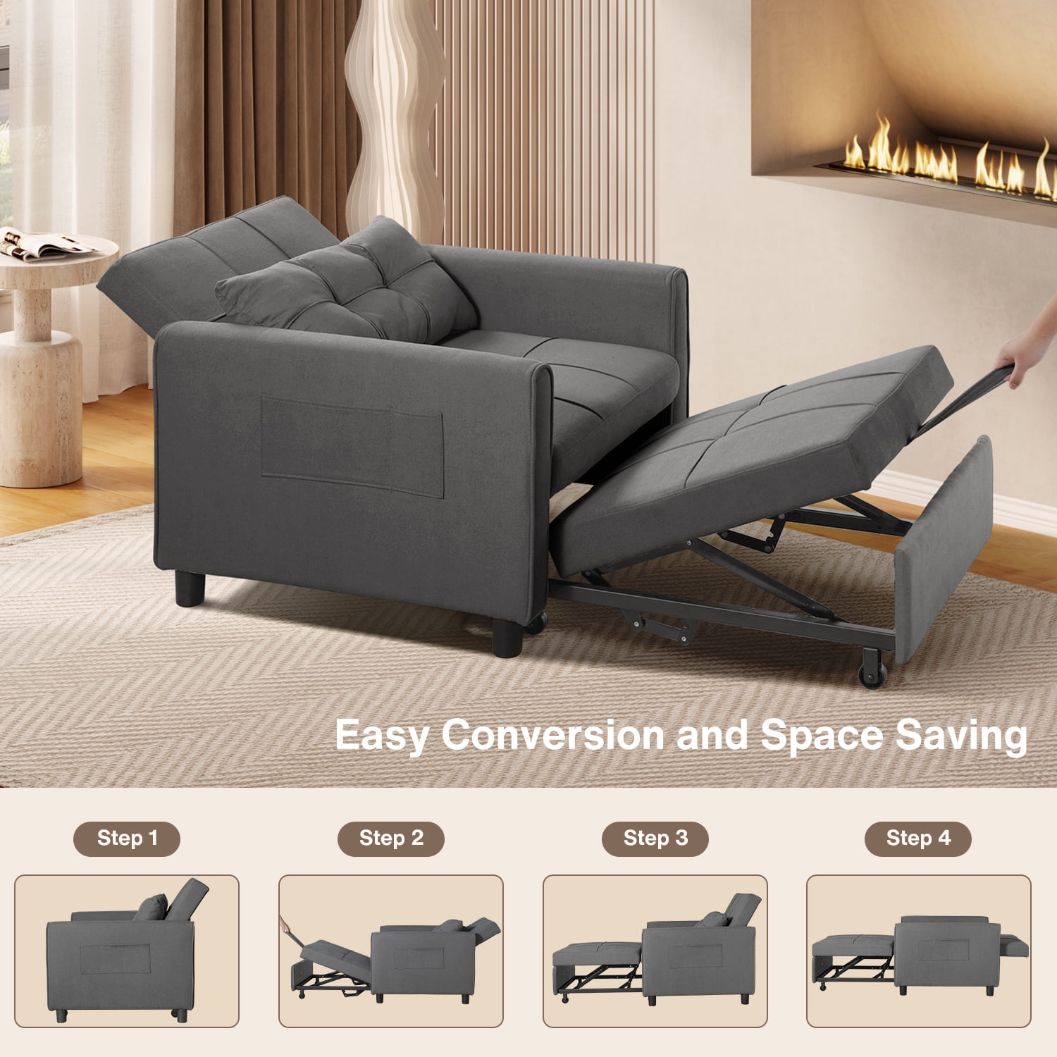 3-in-1 Convertible Sleeper Chair, Lightweight Foldable Sofa Bed for Small Spaces, Linen Upholstery, Dark Gray