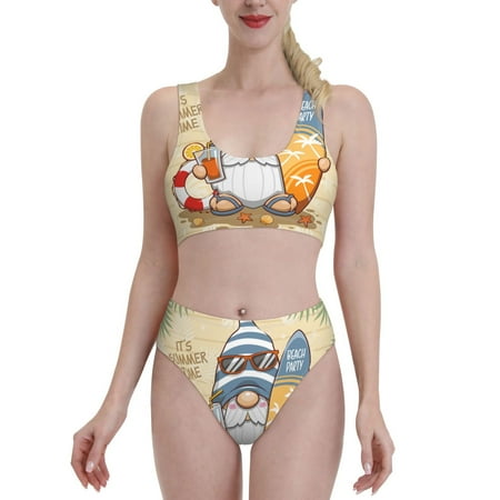 Bixox Hello Summer Cute Gnome Pattern Two-Piece Sports Bikini with U-Shaped Top and High-Waist Bottom - Women s Swimwear with Removable Bra Pads