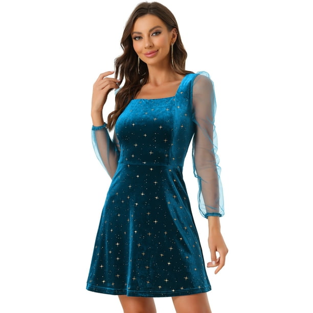 Disfraz de navidad Allegra K Minivestido Corto De Malla Transparente Con Cuello Cuadrado De Terciopelo Azul Oscuro XL