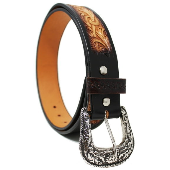 33-34 Men's 1-1/2" Wide Tan Leather Floral Tooled Casual Jean Belt 26FK25