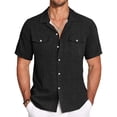 thumbnail image 2 of Men's Solid Color Cuban Collar Casual Short Sleeved Imitation Cotton Linen Men's Large Shirt 3XL, 2 of 5
