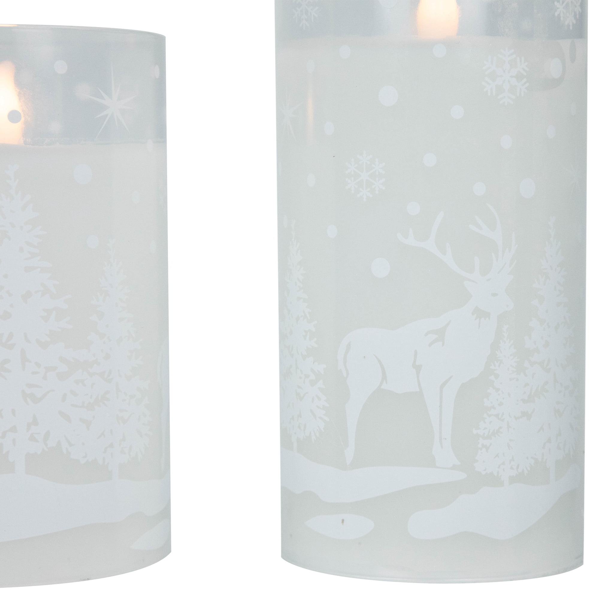 Northlight LED Flameless Flickering Snowy Woodland Glass Christmas Pillar Candles - 6" - Set of 3