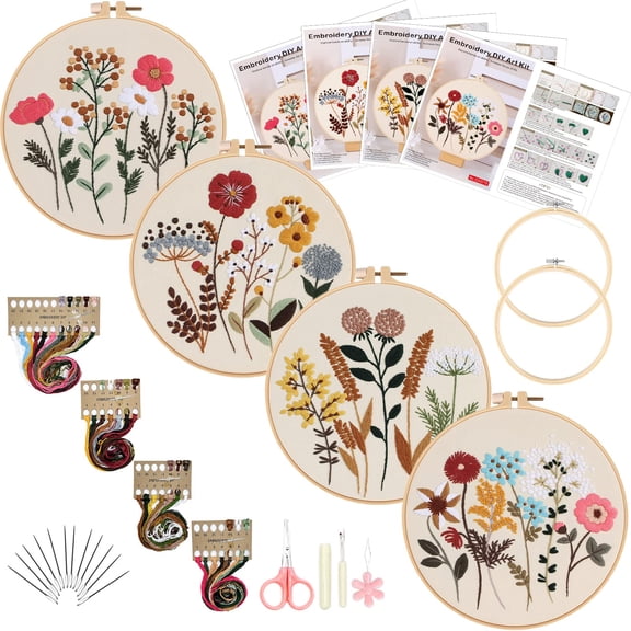Flower Embroidery Kit for Beginners with Pattern Instructions, 4 Pack Cross Stitch Kits, 2 Wooden Embroidery Hoops,Threads and Needles,Needlepoint Kit