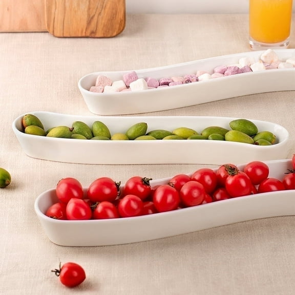 Dizada 3-Pack Olive Plates-Versatile Ceramic Olive Tray for Snacks, Appetizers Platter-12 inches Long Arc Shape Boat for Entertaining and Displaying