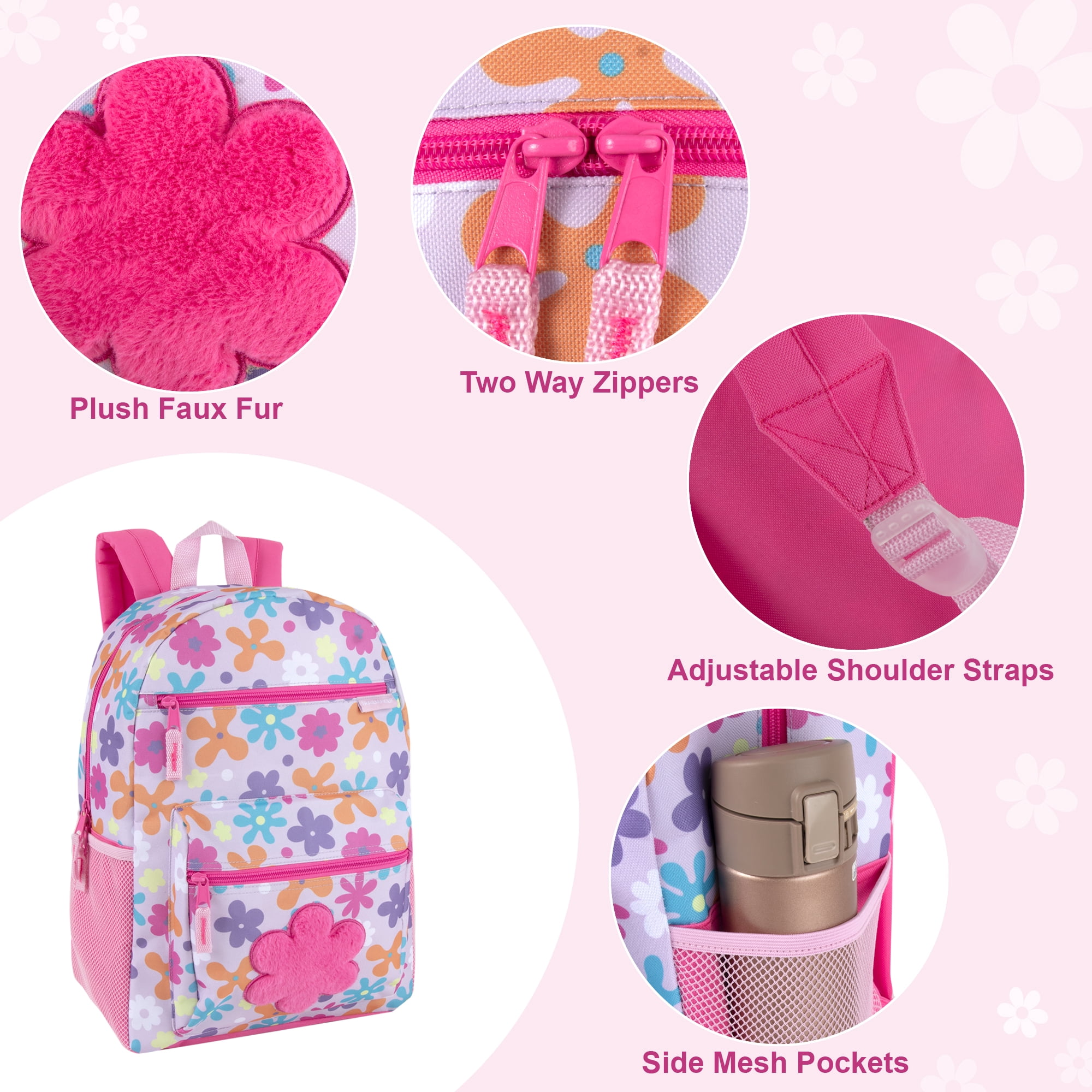 Girls 17 Inch Multipocket Printed Pocket Backpack for School, Camp, Travel, Commuting and Recreation with Plush Applique in Plush Floral Frenzy