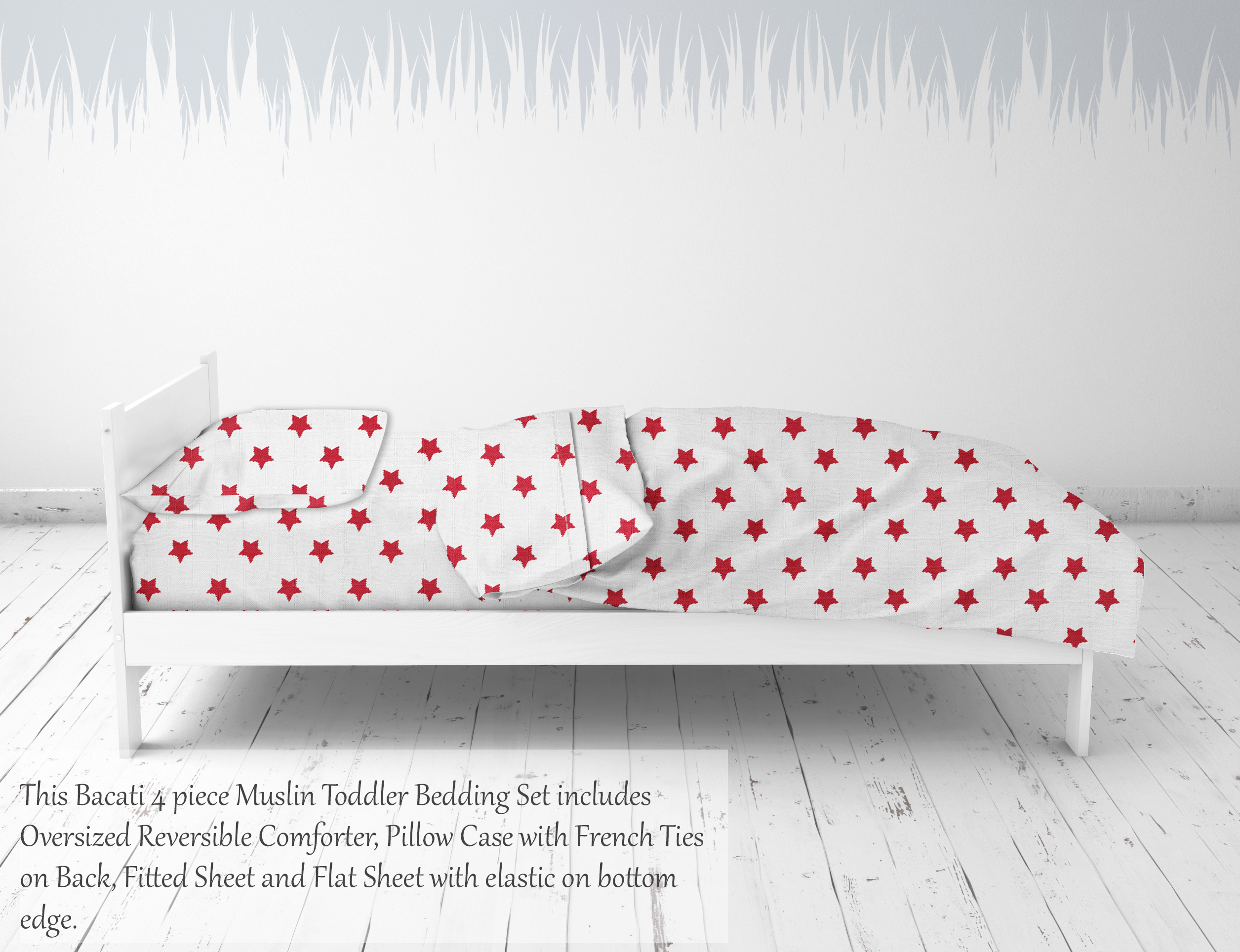 Bacati - Stars 100% Cotton Muslin 4-Piece Toddler Bedding Set, Red