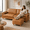 Camel, variant on Neche 100" Faux Leather Couch with Movable Ottoman, 3 Seater L Shaped PU Leather Sofa with Side Pocket, Comfy Mid Century Modern Modular Sectional Couch for Living Room, Apartment, Camel