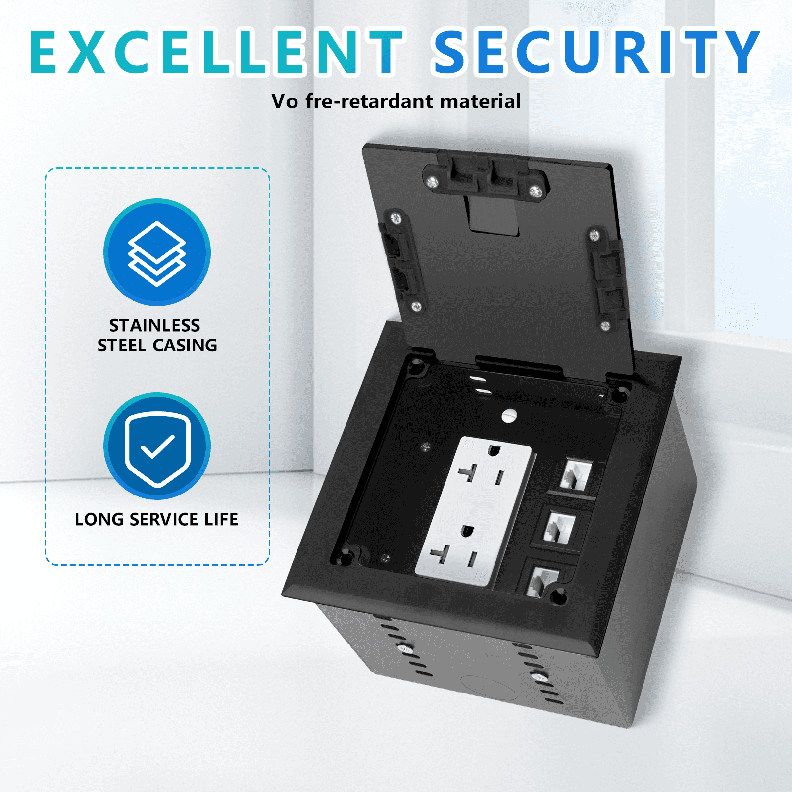 KYHSHJ Recessed Flat Hidden Socket Kit with 20 Amp Stainless Steel TR Receptacle Outlet Stainless+3-Port RJ45 Datacom Receptacle.Internal Height Adjustable，Corrosive Resistant Hardware，Black