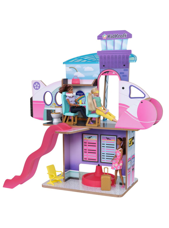 KidKraft Luxe Life 2-in-1 Wooden Airport and Jet Plane Doll Play Set with Over 15 Accessories