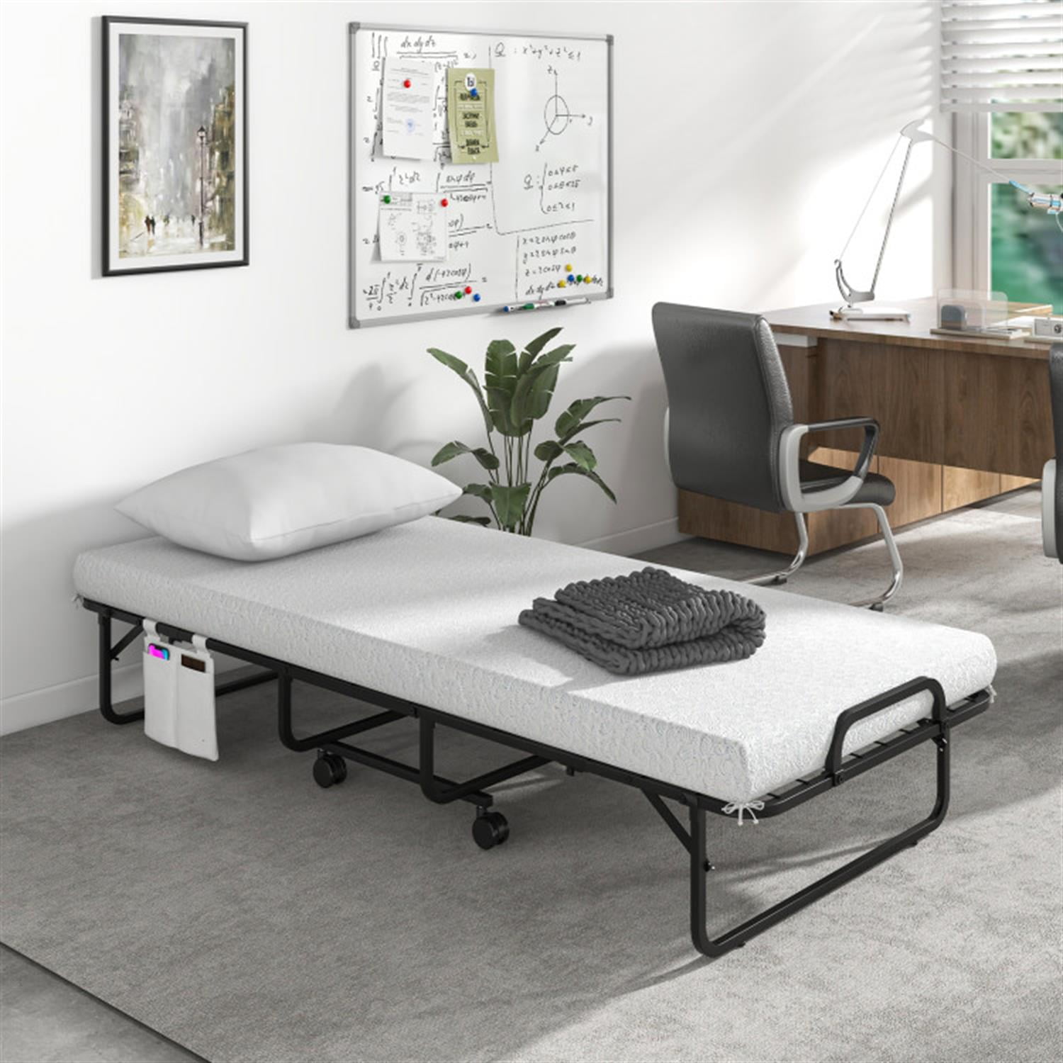 Demi Bonn Cot Size Folding Bed with Memory Foam Mattress and Pillow, Portable Foldable Bed for Living Room, Bedroom and Guest Room, White