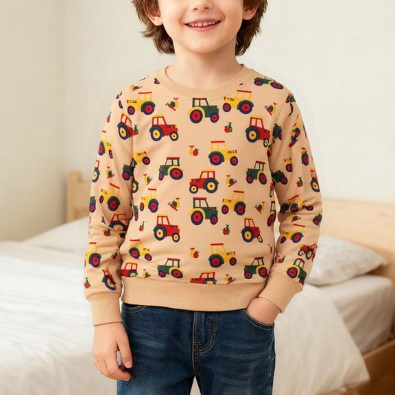 CUZIBR Baby Boys Crewneck Sweatshirt Cartoon Car Graphic Pullover Long Sleeve Comfort Fall Winter Clothes,Khaki,2-3 Years