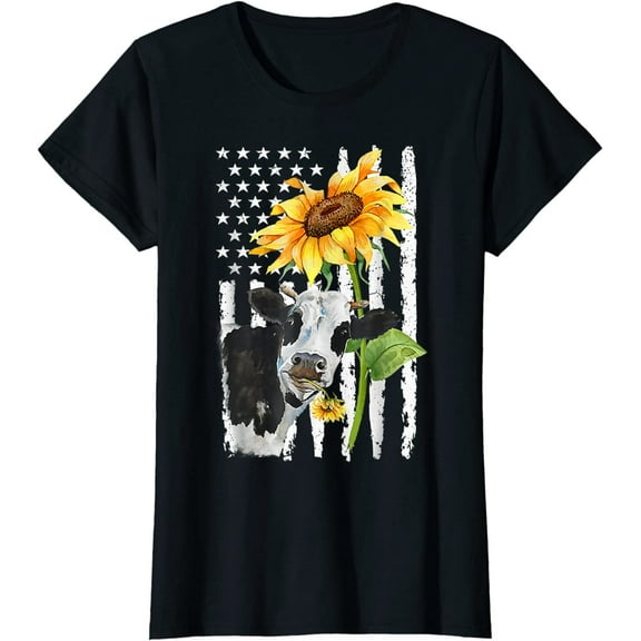 Tshirt for Women Cow USA Flag Sunflower Gift Casual Short Sleeve Tops Black Small
