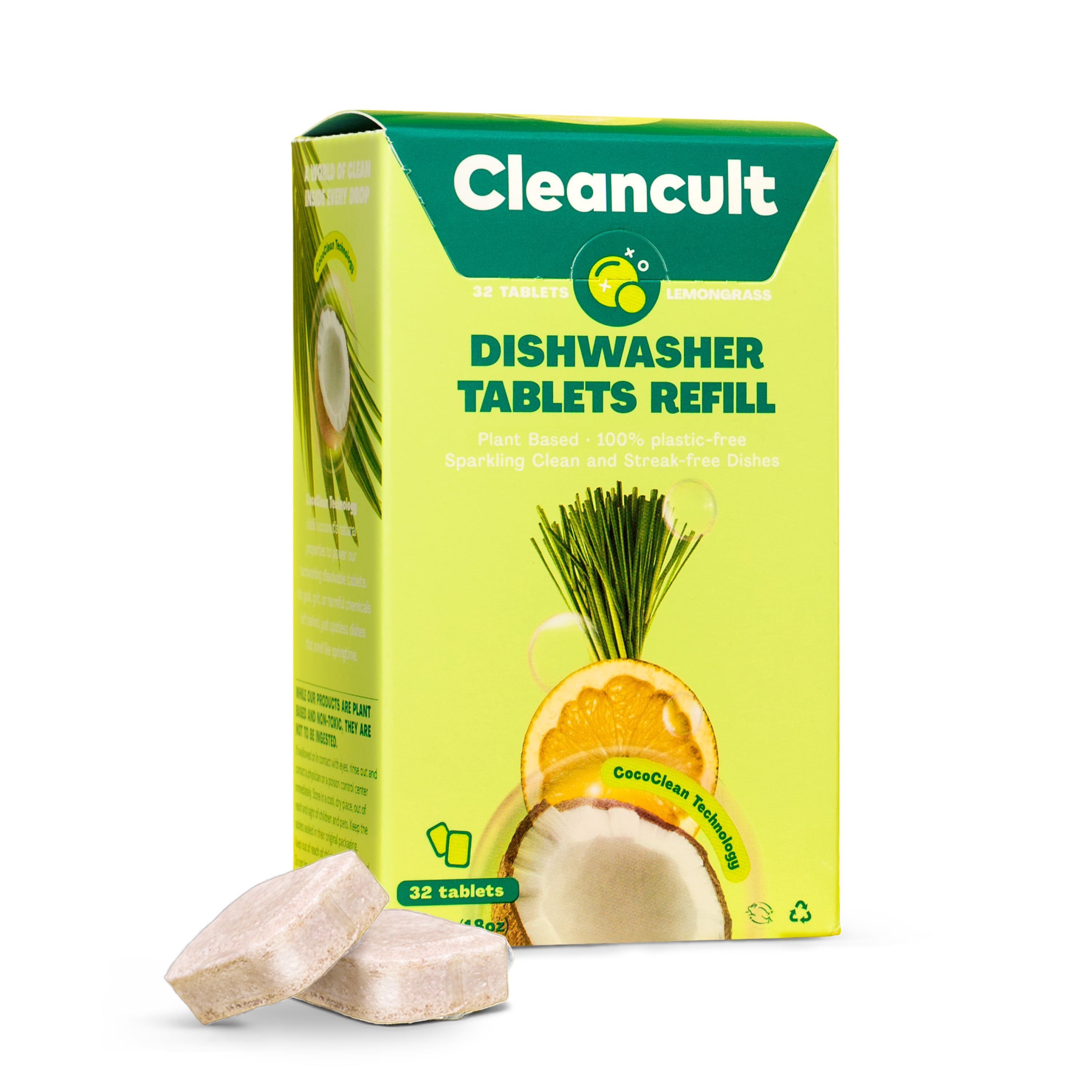 Cleancult Dishwasher Pods, 32 Count, Lemongrass Scent, Biodegradable Detergent Tablets, Cruelty Free Tabs