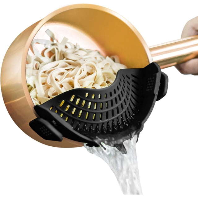 Colador de silicona con clip para todas las ollas y sartenes, colador de pasta, colador de alimentos con clip para carne, verduras y frutas, colador de cocina de silicona negro