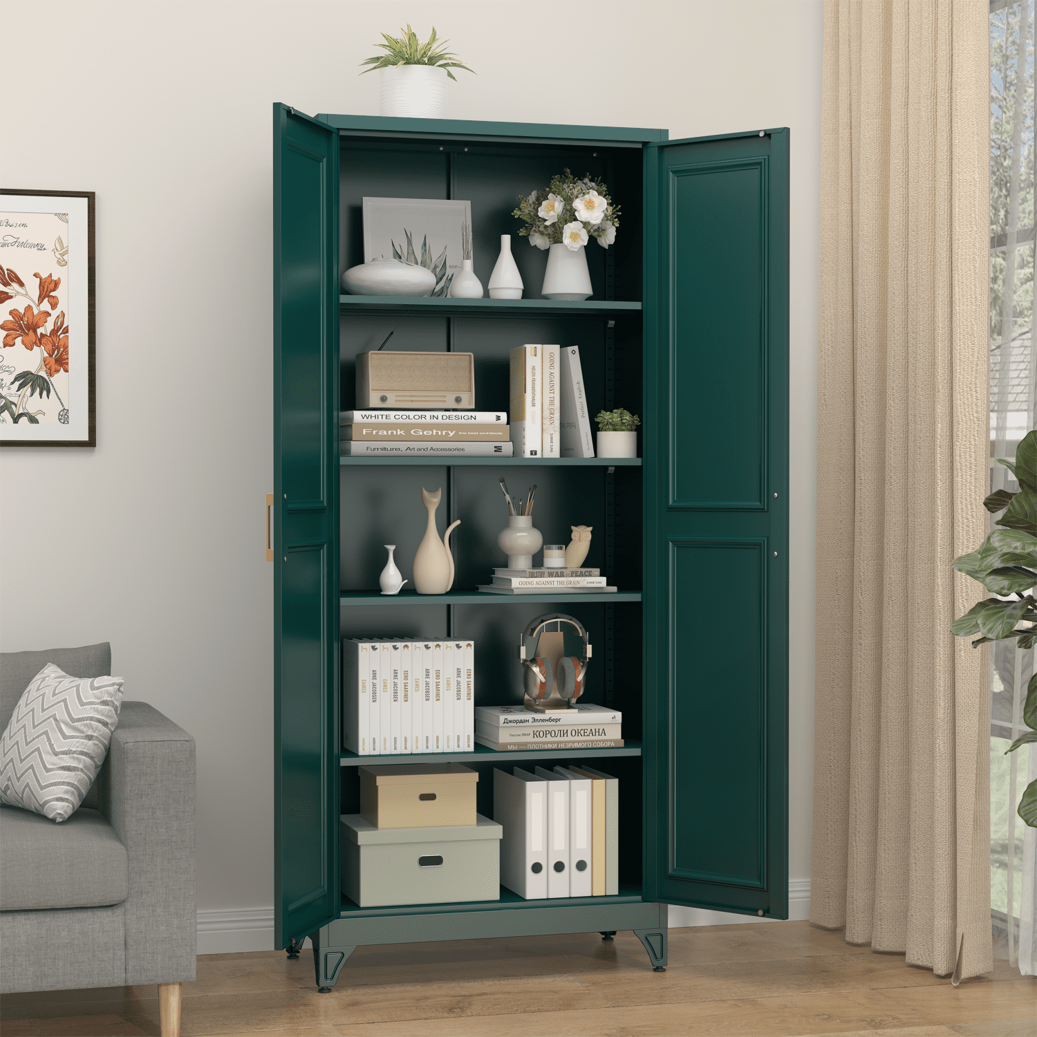 Polup 75" Height Metal Green Storage Cabinet, Modern Tall Steel Pantry Cupboard with 2 Doors and Adjustable Shelves for Kitchen Garage and Home