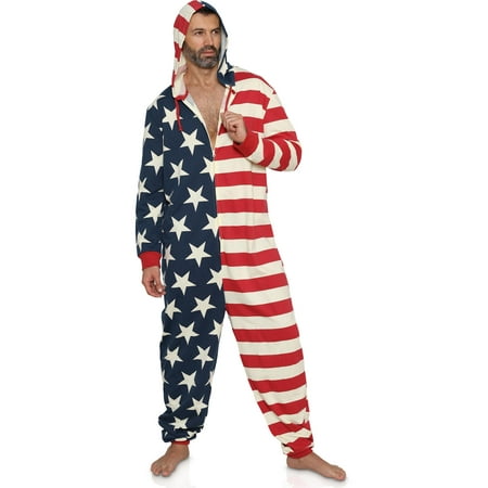 Men's American Flag Costume Pajama Hooded Onesie USA Flag Loungewear, Stars and Stripes, Size: