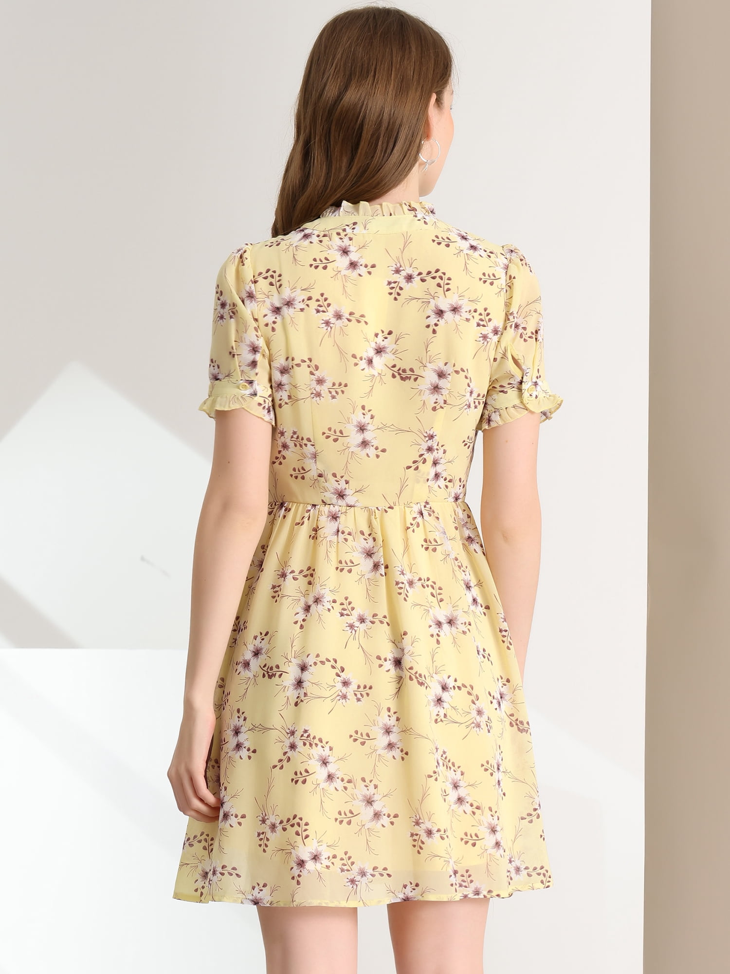 DARING DIVA Women's Ruffle Neck Button Half Placket Stylish Floral Dress M Yellow