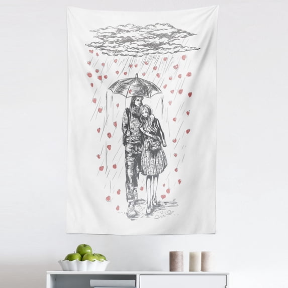 Love Tapestry, Couple Walking Under Heart Shape Rain Drops with and Umbrella Adornment, Fabric Wall Hanging Decor for Bedroom Living Room Dorm, 5 Sizes, Charcoal Grey and White, by Ambesonne