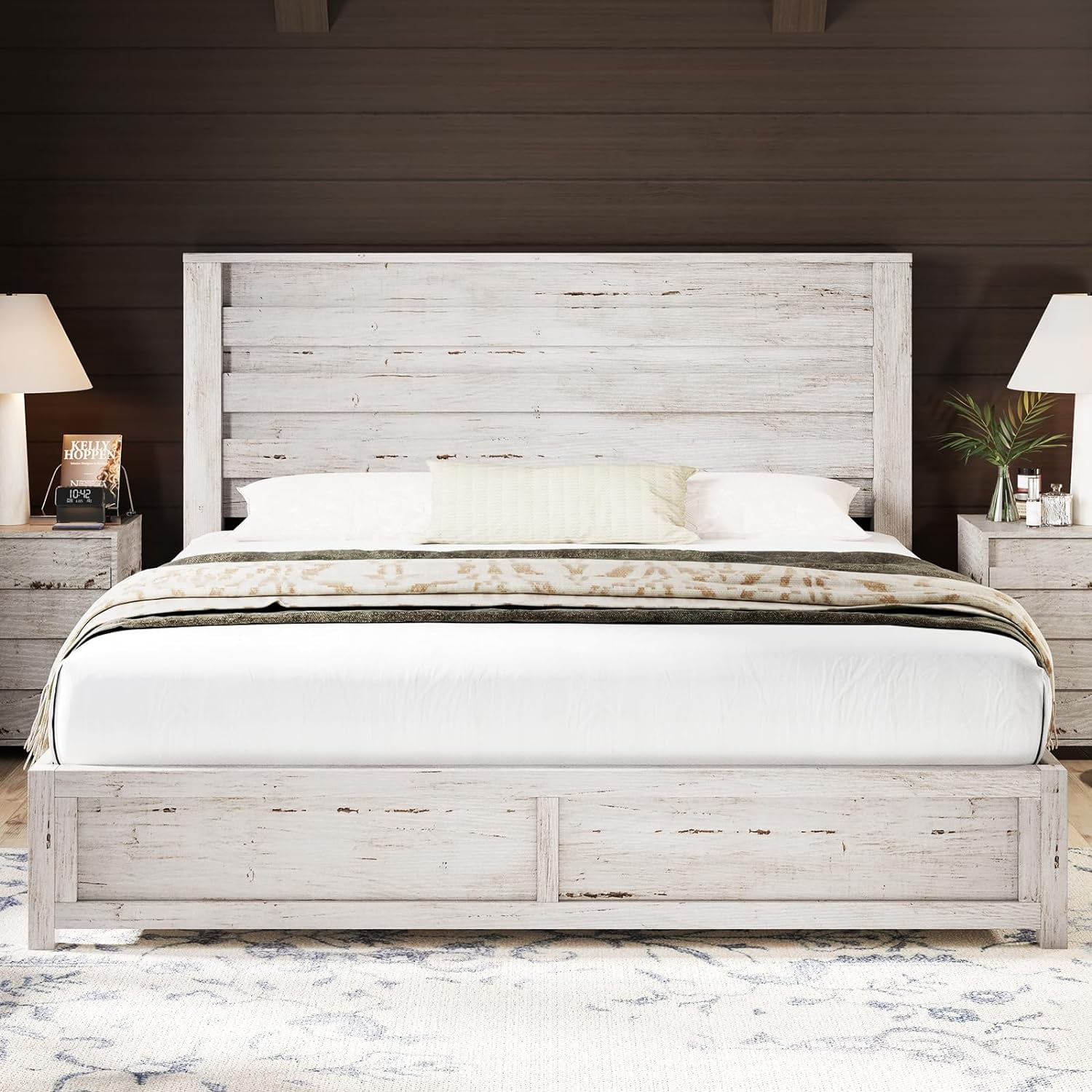 Merluxy Farmhouse King size Bed Frame with 49" Scalloped Headboard, with Natural Woodgrain Finish, No Boxspring/No Noise, Distressed White