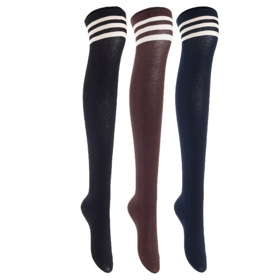 3 Pairs Awesome Women Thigh High Cotton Boot Socks. Durable Knee High Socks, Perfect As Winter & Spring Socks Size 6-9 Black, Coffee, Navy T1022-3c4