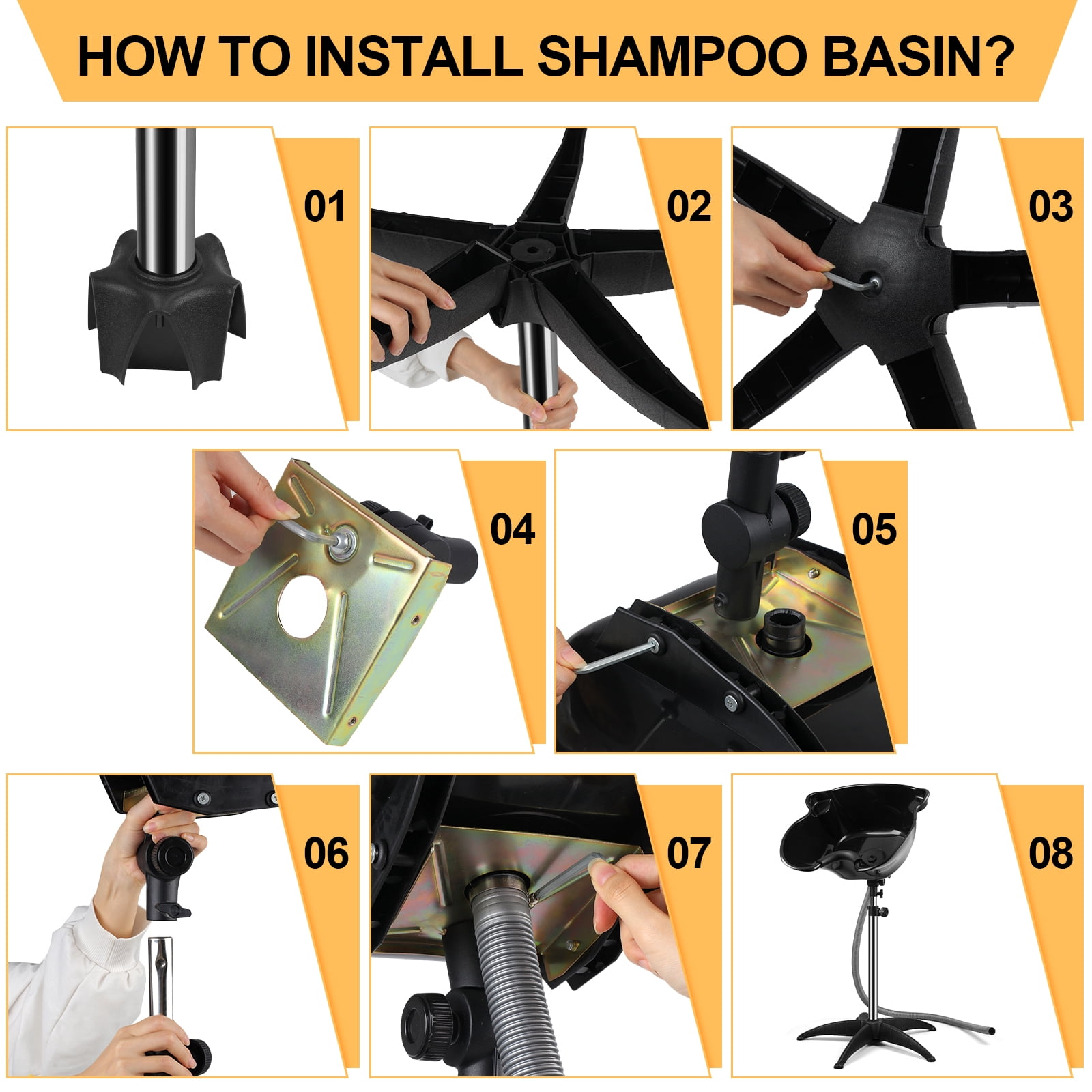 Portable Shampoo Bowl, 270 Degree Rotation of Hair Washing Basin, Height Adjustable Salon Sink with Drain Hoses for Home Salon Use (Black)