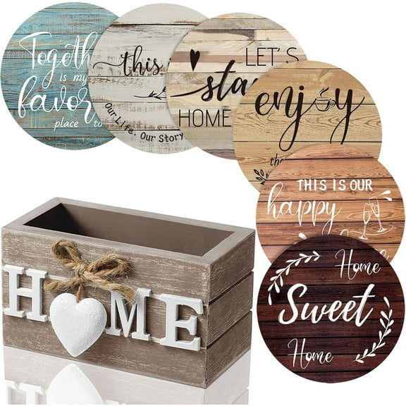 YSTDHL Housewarming Gifts for Home Decoration Wooden Heart Coasters for Drinks Set of 6 Farmhouse Coasters with Holder Funny for Coffee Table Protection, 4 Inch（Brown, Multicolored）
